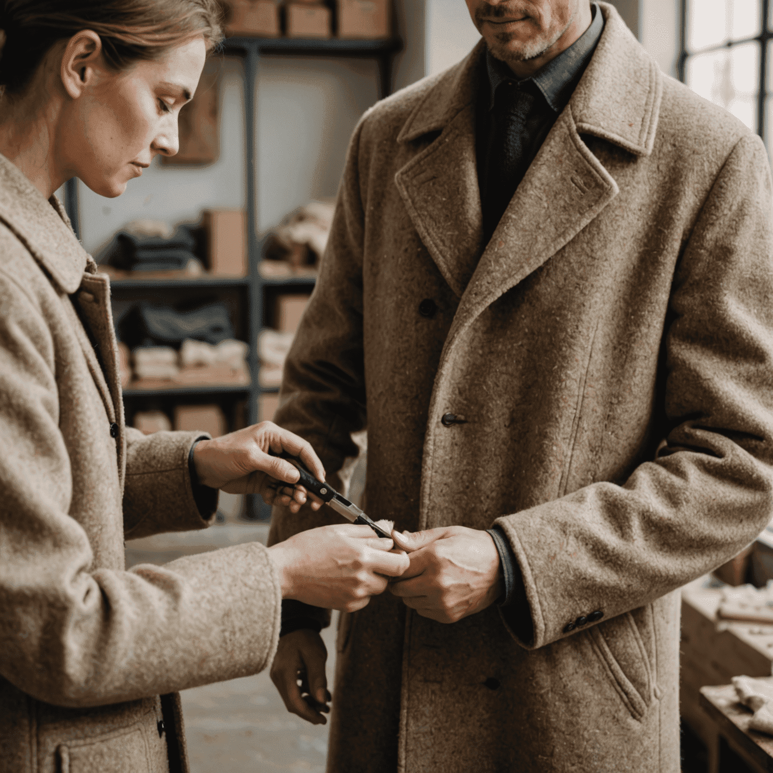 A person carefully brushing a luxurious wool coat to remove debris and maintain its texture