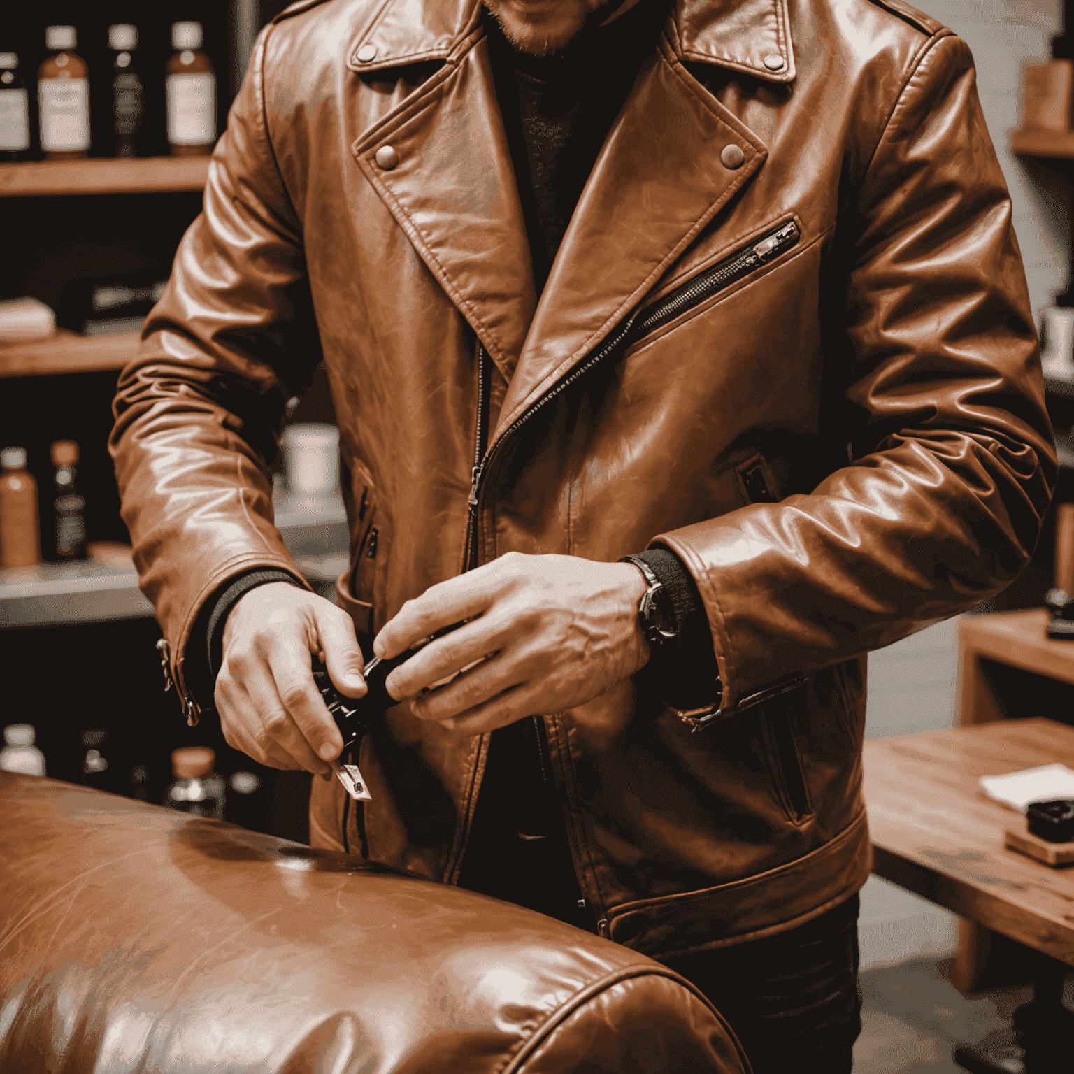 A person applying leather conditioner to a stylish leather jacket to keep it supple