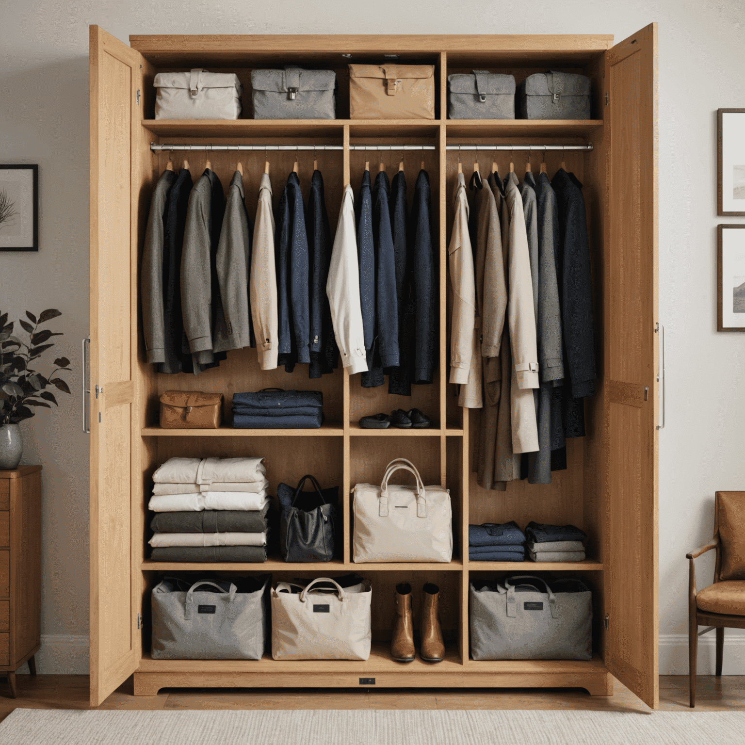 A well-organized closet with various coats properly hung and stored in breathable garment bags